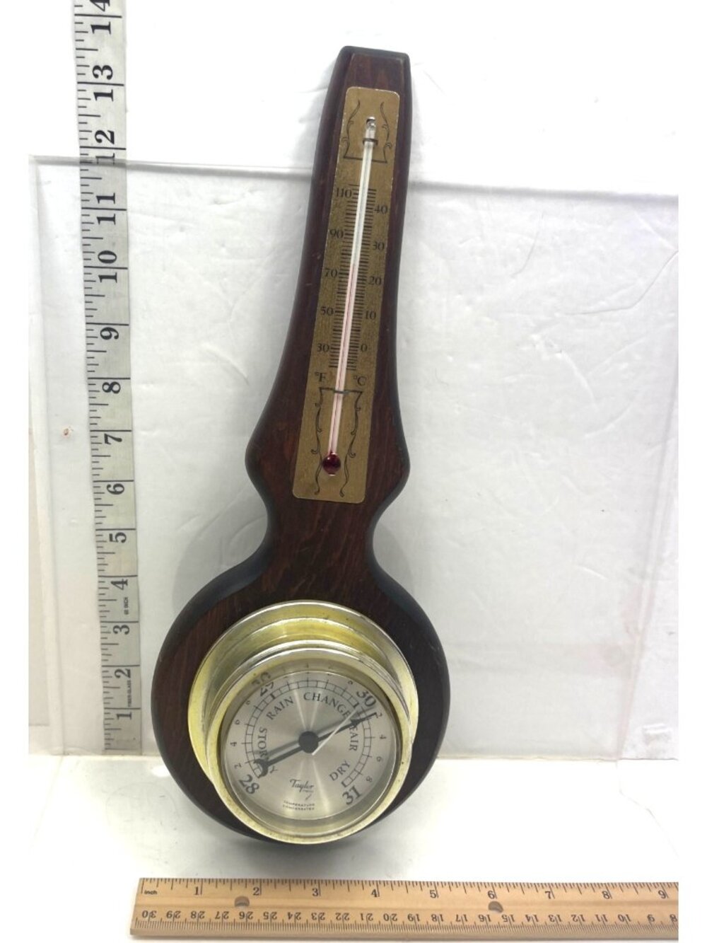 Vintage Taylor Sybron Wall-Mounted Thermometer & Barometer With Wood & Brass Des